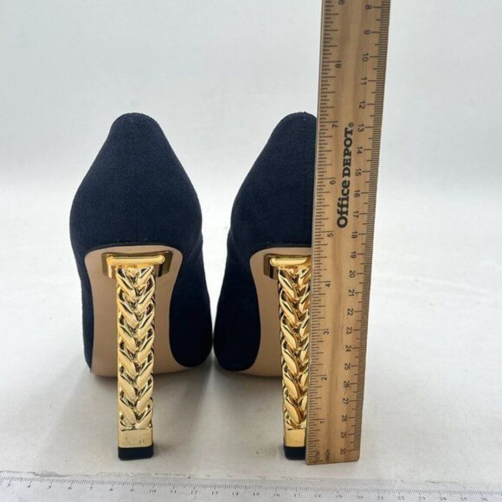 FSJ Navy Suede Gold Metal Chain Chunky High Heel Pointed Toe Slip On Prom Shoes - Picture 5 of 8
